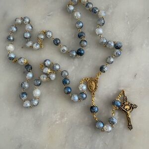 Elegant Blue and Gold Glass Beaded Rosary Necklace